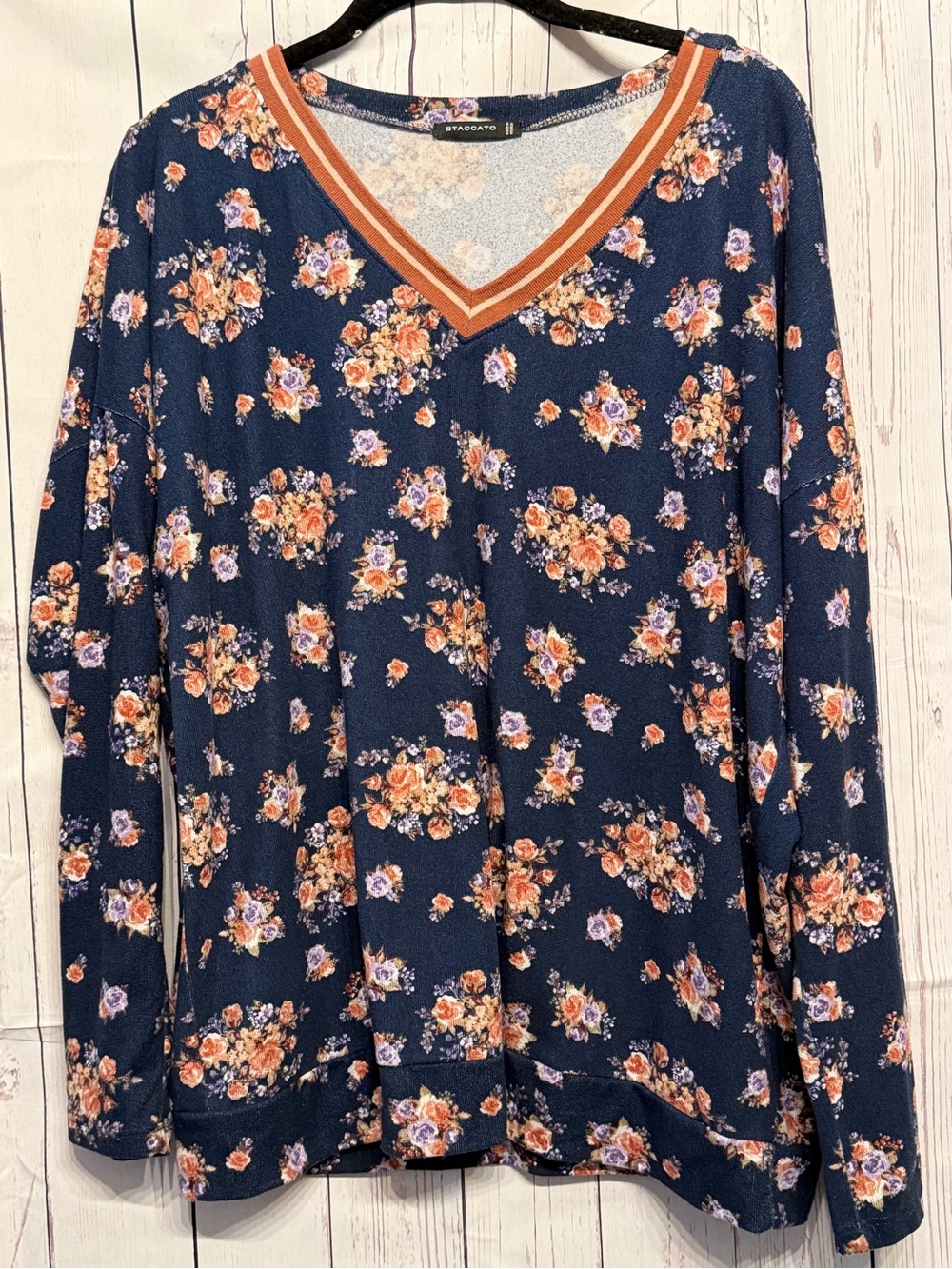 Staccato Navy Floral V-Neck Pullover with Orange Trim